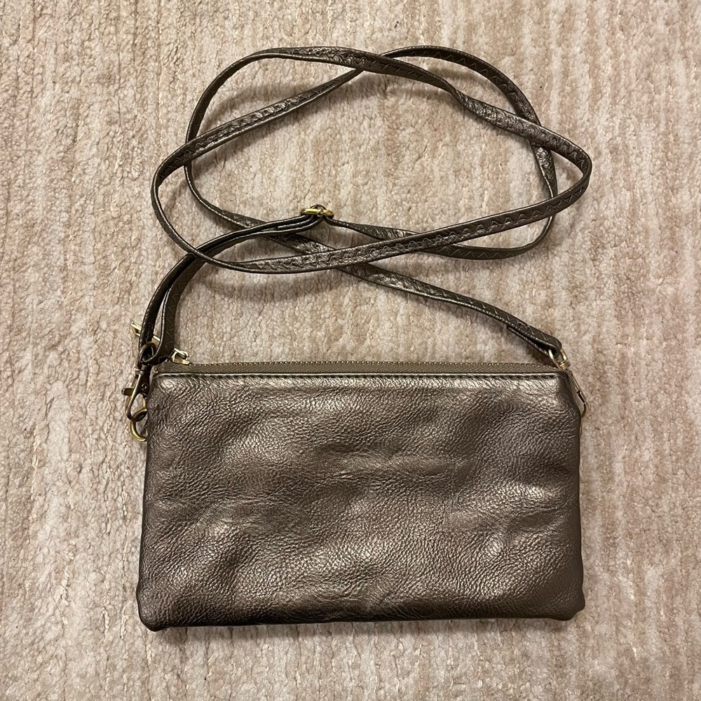 Pewter Convertible Crossbody or Wristlet or Clutch Gold Hardware
